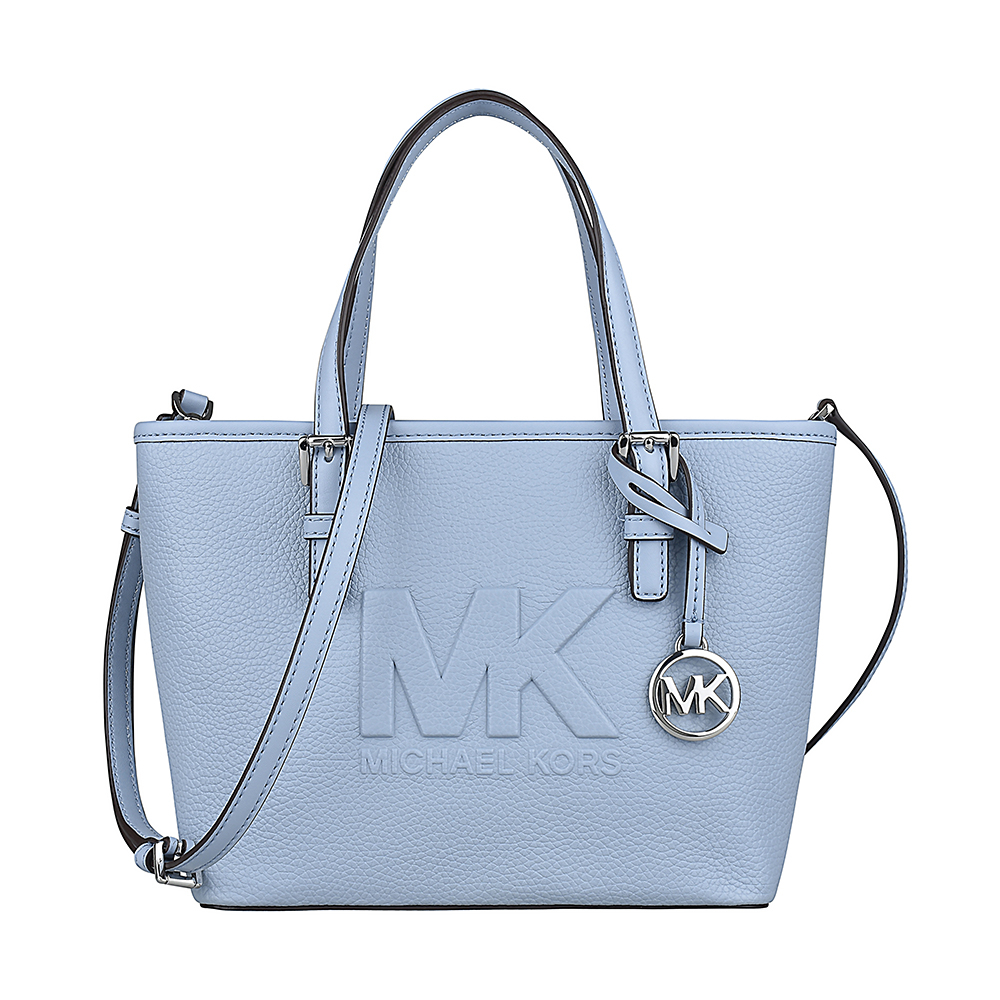 MK MICHAEL KORS JET SET TRAVEL浮雕字母LOGO荔枝紋牛皮拉鍊手提斜背托特包(迷你/淺藍)