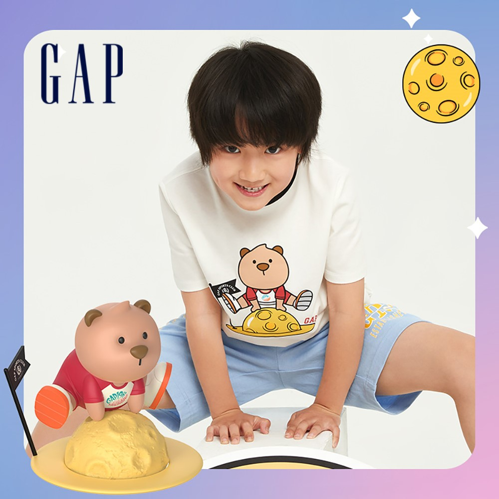 Gap 男童裝 Logo純棉小熊印花短袖T恤 盲盒T-白色(670340)