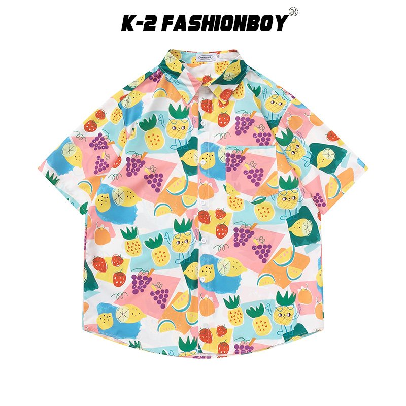 【K-2】鳳梨 水果 短袖襯衫 繽紛 彩色 夏日配色 海邊 穿搭 休閒 旅遊 翻領 排釦 花襯衫 滿版【A3327】