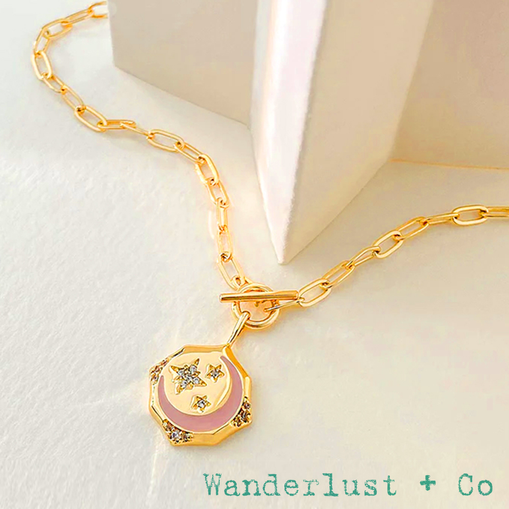 Wanderlust+Co 澳洲品牌 鑲鑽北極星 粉紅月亮 金色鎖扣方形項鍊 For The Dreamers