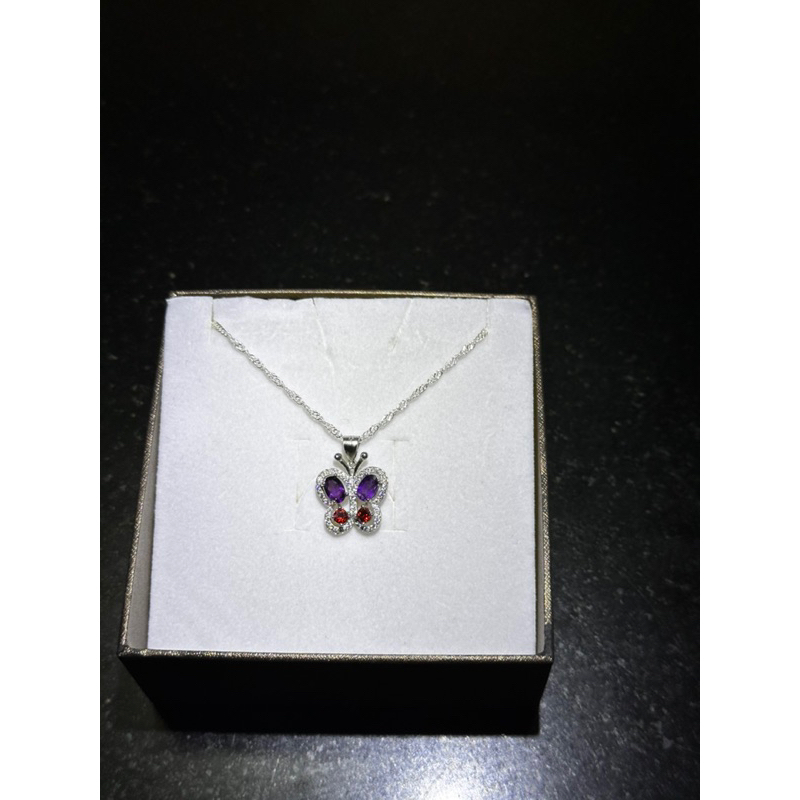 紫水晶紅石榴方晶鋯石蝴蝶項鍊