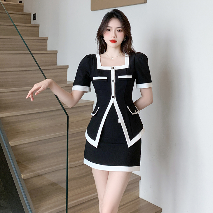 衣時尚 兩件套 小香風上衣+半身裙套裝 S-2XL韓版減齡高級感拼接泡泡袖方領短袖套裝T415-916 ES15