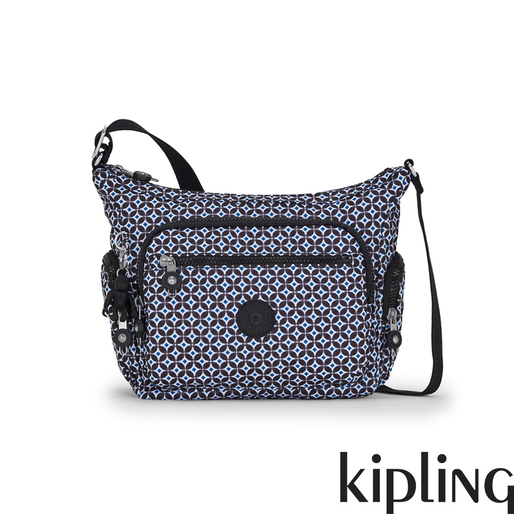 【▲限量】Kipling『牛角包』復古藍黑花磚多袋實用側背包-GABBIE S