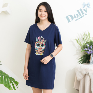 台灣現貨 大尺碼藍色v領貓頭鷹燙畫長版T-Dolly多莉大碼專賣店