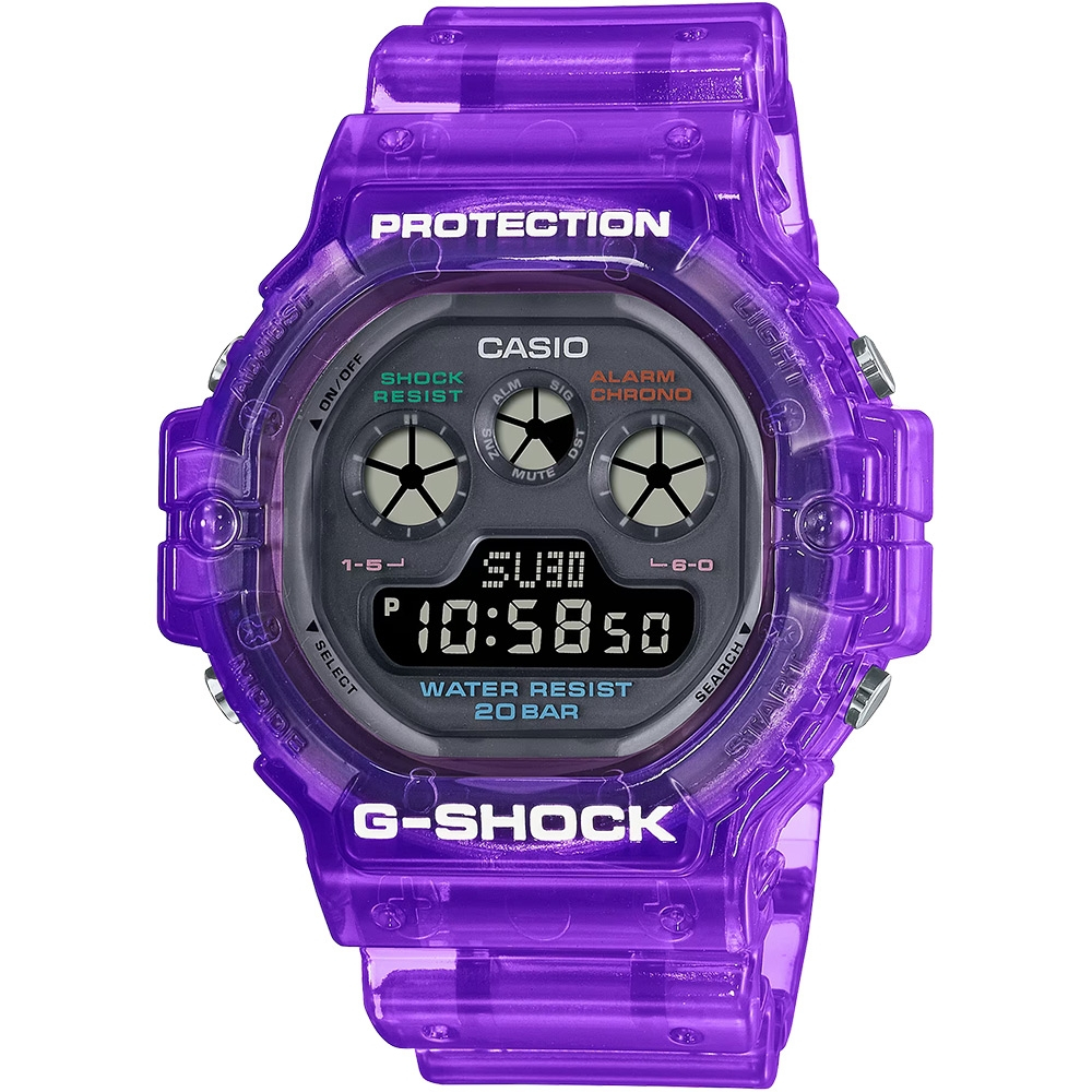 CASIO 卡西歐 G-SHOCK 時尚繽紛三眼半透明腕錶紫色DW-5900JT-6