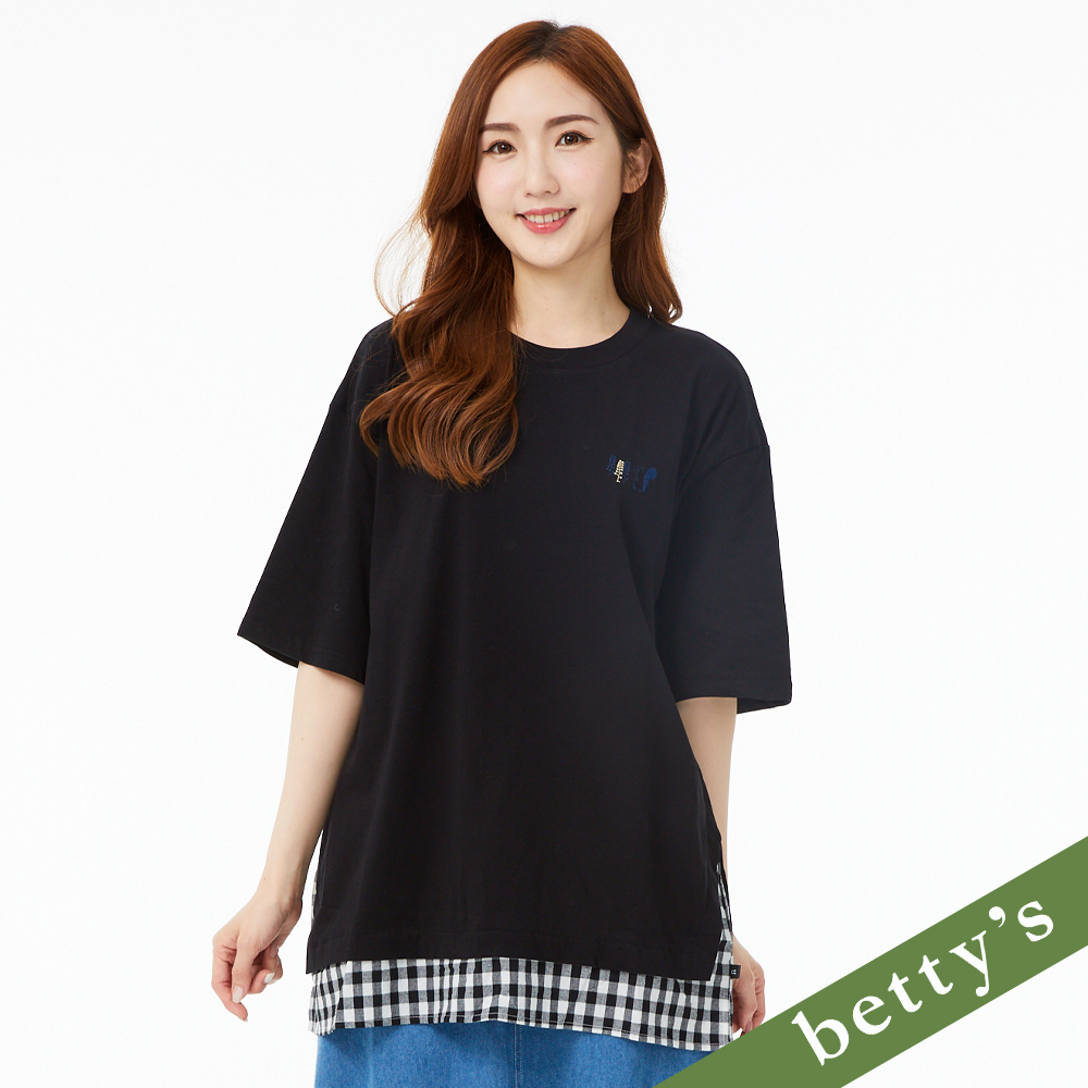 betty’s貝蒂思(21)下擺格子拼接短袖T-shirt(黑色)