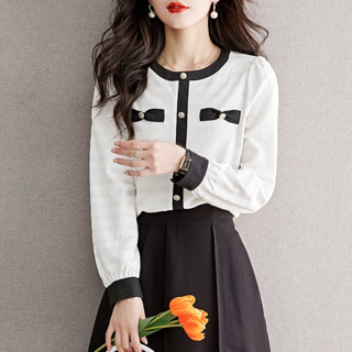 雅麗安娜 長袖上衣 雪紡衫 襯衫S-2XL韓國氣質顯瘦圓領黑邊釘珠袖蕾絲上衣T651-864.無標