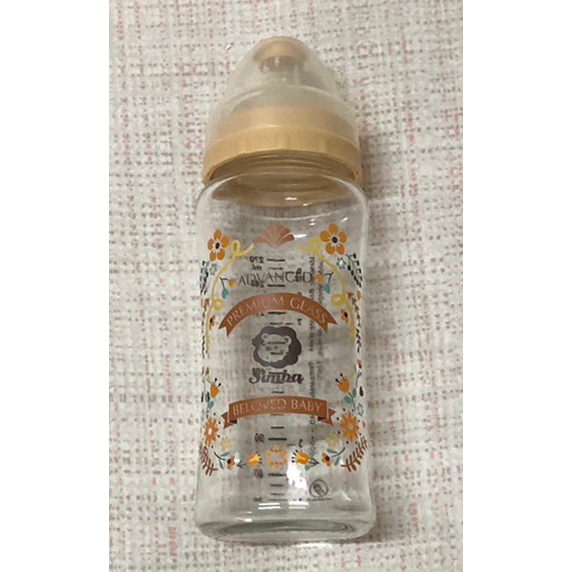 (二手 270ml) 小獅王 simba 蘿蔓晶鑽玻璃奶瓶 寬口玻璃奶瓶 奶瓶栓+透明蓋+貝親奶嘴（棕色款）