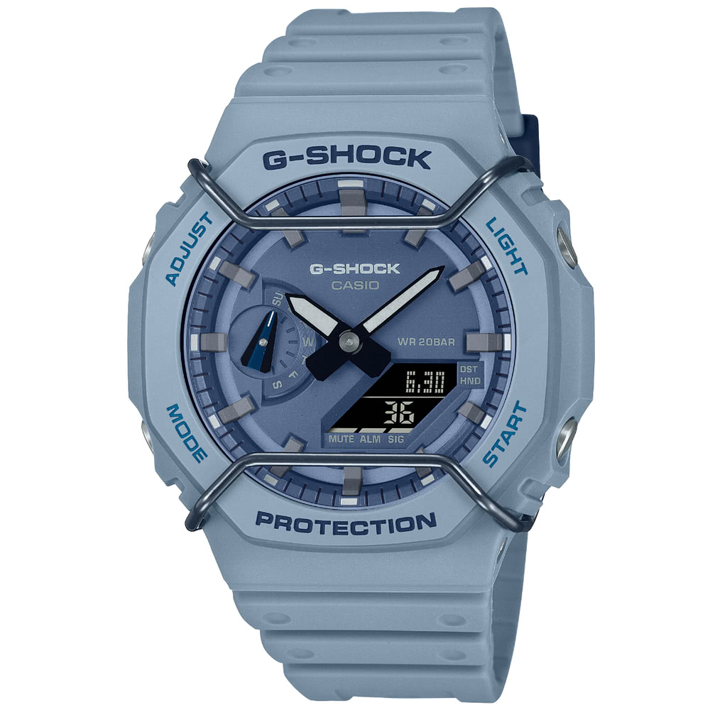 【CASIO】卡西歐G-SHOCK防撞鬧鈴雙顯電子錶-牛仔藍 GA-2100PT-2A  台灣卡西歐保固一年