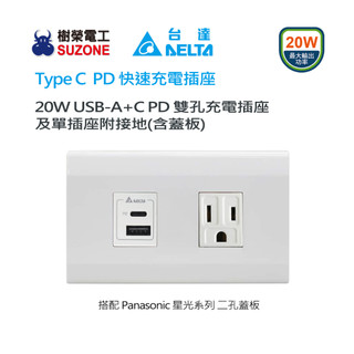 (含稅)【樹榮電工SUZONE】20W USB A+C PD充電插座/台達電子 Type C 快充插座/星光蓋板