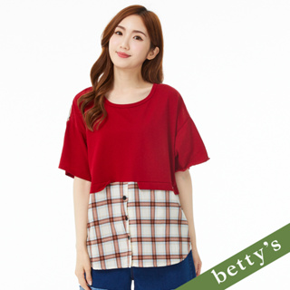 betty’s貝蒂思(21)拼接假兩件格子寬版上衣(紅色)