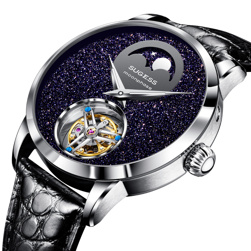 海洋星空陀飛輪腕錶 42mm Sugess 蘇格斯 黑白彩盤系列 月相變化 藍寶石玻璃  手動上鏈 夜光顯示 鱷魚皮錶帶