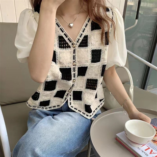 雅麗安娜 上衣 T恤 短款上衣 復古韓版V領格子短袖襯衫寬鬆甜美法式泡泡袖短款上衣1F022-957.