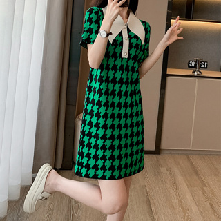 衣時尚 短袖連身裙 洋裝 針織裙S-XL夏季法式polo連衣裙氣質名媛高級感綠色顯白冰絲針織裙非D15-34722