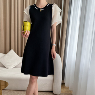 衣時尚 針織連身裙 洋裝 休閒裙S-XL新款 法式釘珠撞色泡泡袖圓領氣質針織連衣裙非D15-3687 ES22