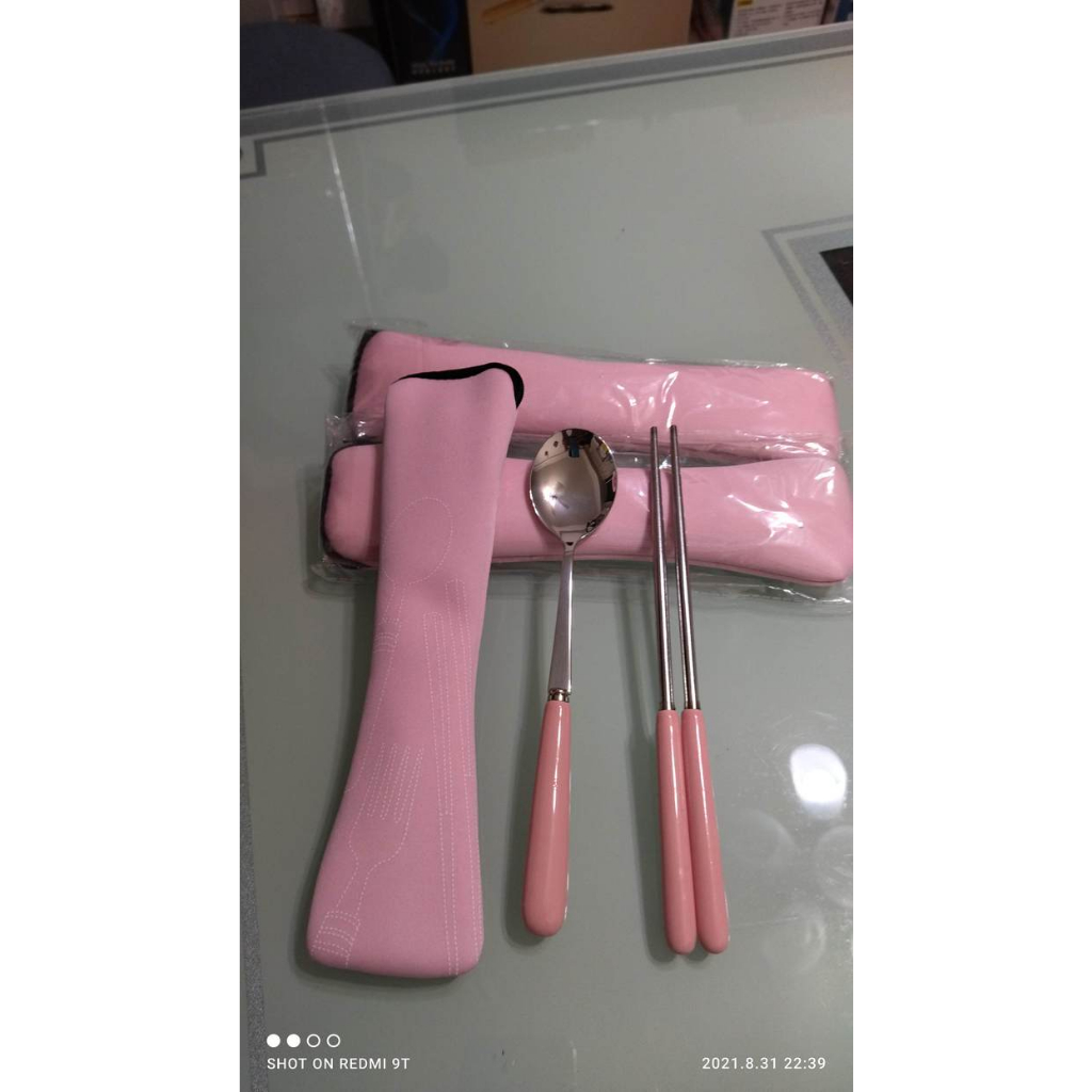 不鏽鋼餐具 餐具組 附粉紅色拉鍊潛水布套 餐具 環保餐具 環保筷 湯匙
