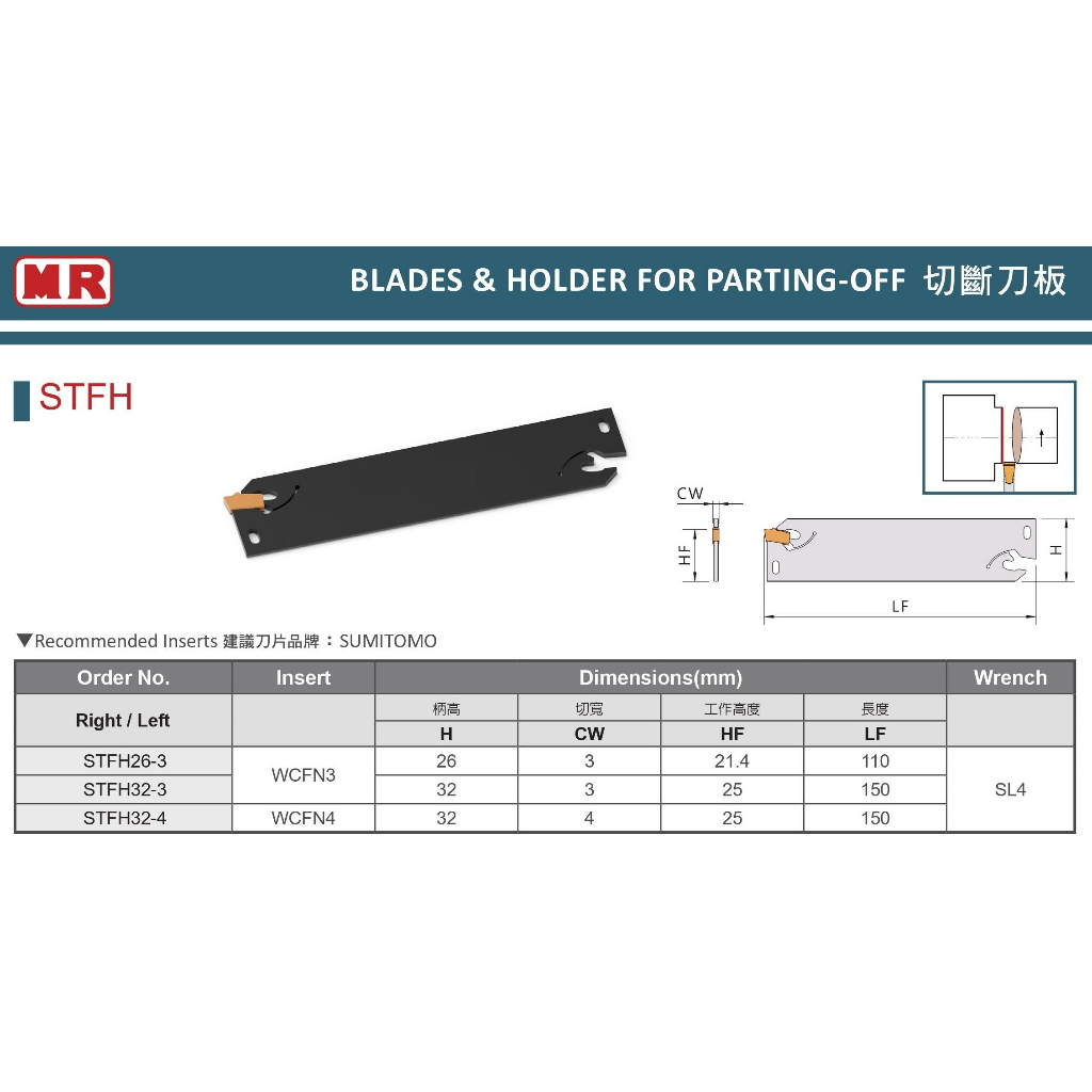 MR 切斷刀板 STFH 建議刀片品牌:SUMITOMO住友 價格請來電或留言洽詢