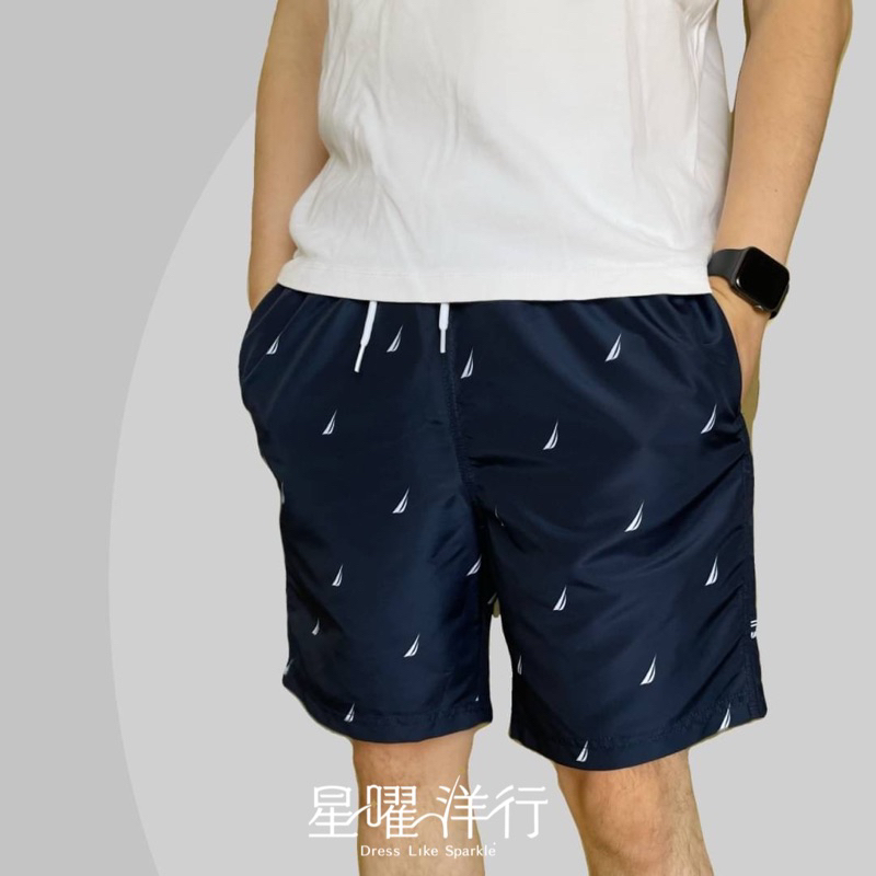 【星曜洋行】海邊穿搭 Nautica 男生 海灘褲 深藍 滿版logo 速乾型 短褲 休閒短褲 褲子
