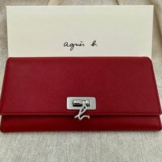 全新 agnes b 紅色 b扣 草寫b 扣式 logo 防刮 真皮 長夾 信封 牛皮 女用 保證真品 正品 皮夾 薄型