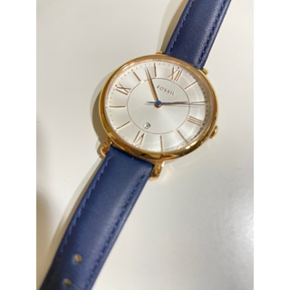 FOSSIL ES3843手錶 白面 玫瑰金框 羅馬時標深 藍色錶帶 36mm 女錶 Jacquelin羅馬腕錶-深藍