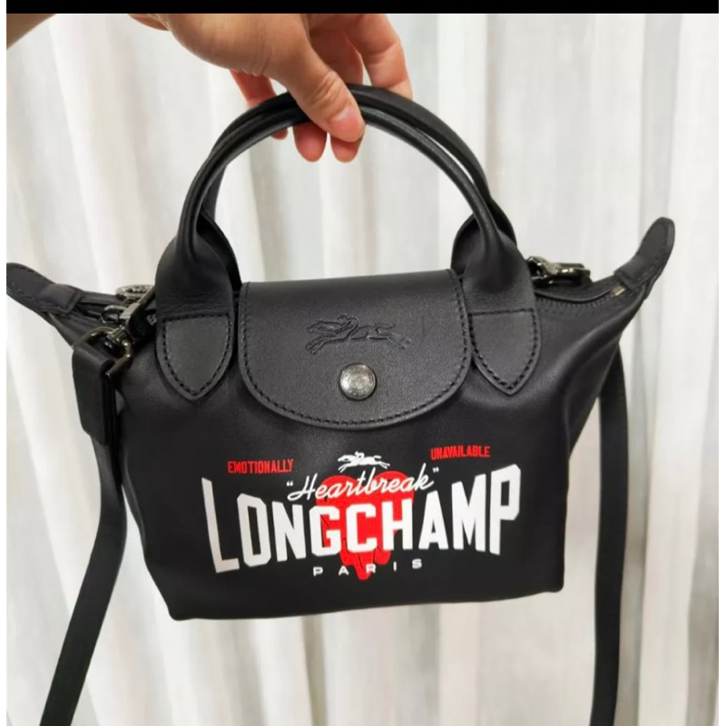 Longchamp EU聯名款正品小羊皮小水餃包斜揹包 黑色