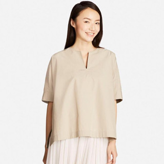 近新轉賣 uniqlo 優衣庫極簡寬鬆超細棉質襯衫觸感五分袖開衩上衣 卡其L