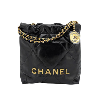 Chanel 22 Mini Bag 仿舊金logo菱格縫線小牛皮斜揹包(AS3980-黑)