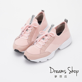 DREAMS SHOP 台灣製飛線編織輕量減壓記憶墊綁帶休閒鞋 粉色【JD8167】大尺碼女鞋37-45