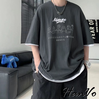 【HanVo】美式街頭人物印花純棉T恤 舒適透氣百搭設計感短袖上衣 韓版潮流日常T 男生衣著 B1023