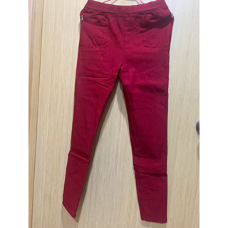 F015紅色長褲/鬆緊彈性合身長褲 /懶人長褲