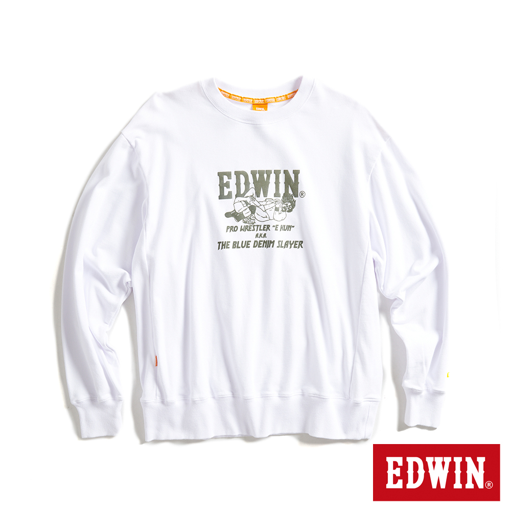 EDWIN 橘標 摔角手E君摔角技寬版厚長袖T恤(白色)-男款