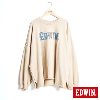 EDWIN 女款 再生系列 CORE 環保丹寧變形蟲LOGO寬版不收邊厚長袖T恤(淺卡其)