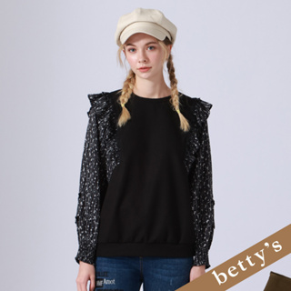 betty’s貝蒂思(25)蕾絲雪紡泡泡袖拼接小格紋上衣(黑色)