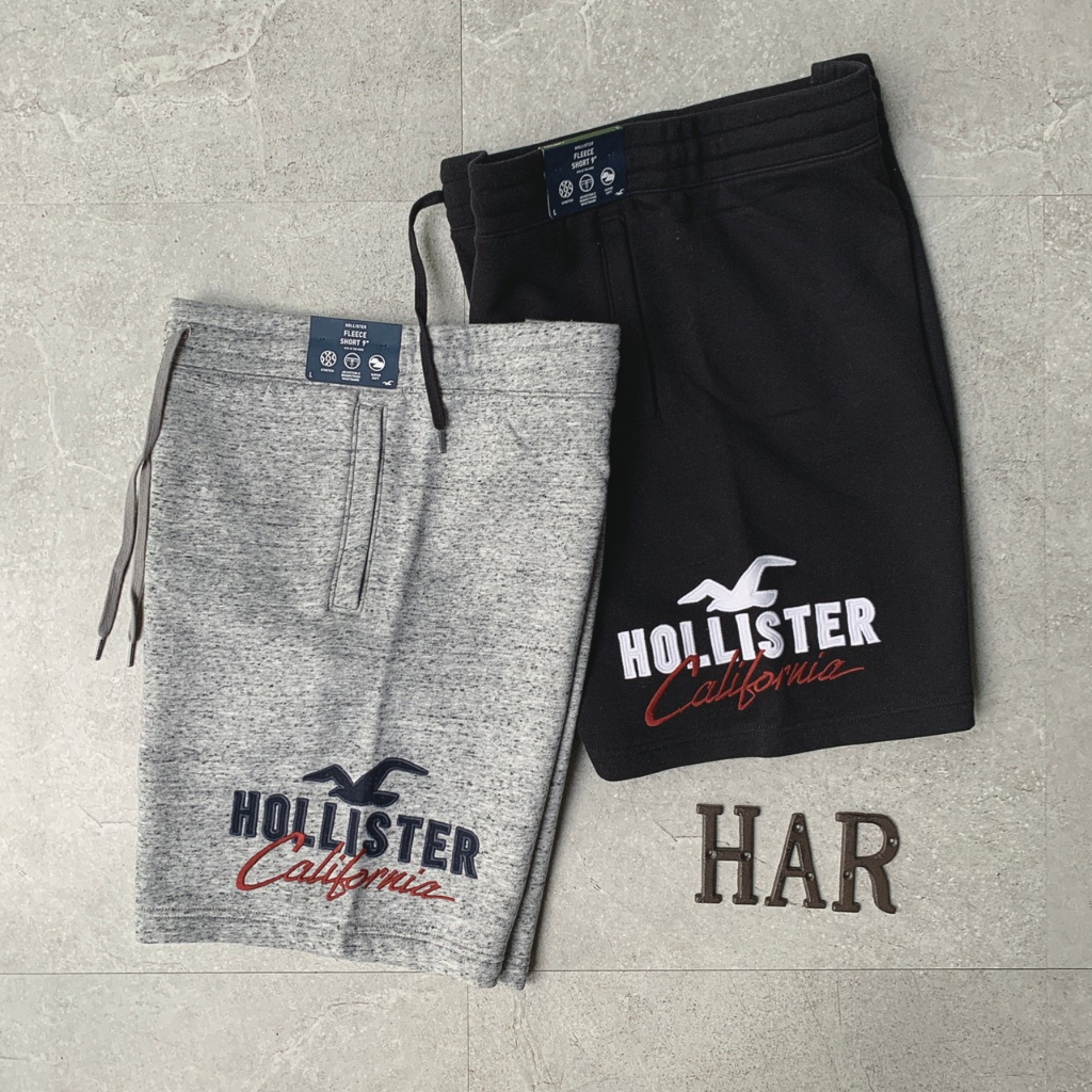 [海鹿馬] Hollister 海鷗 短褲 棉褲 棉短褲 串標織帶 9吋短褲 側邊 刺繡海鷗 黑 灰