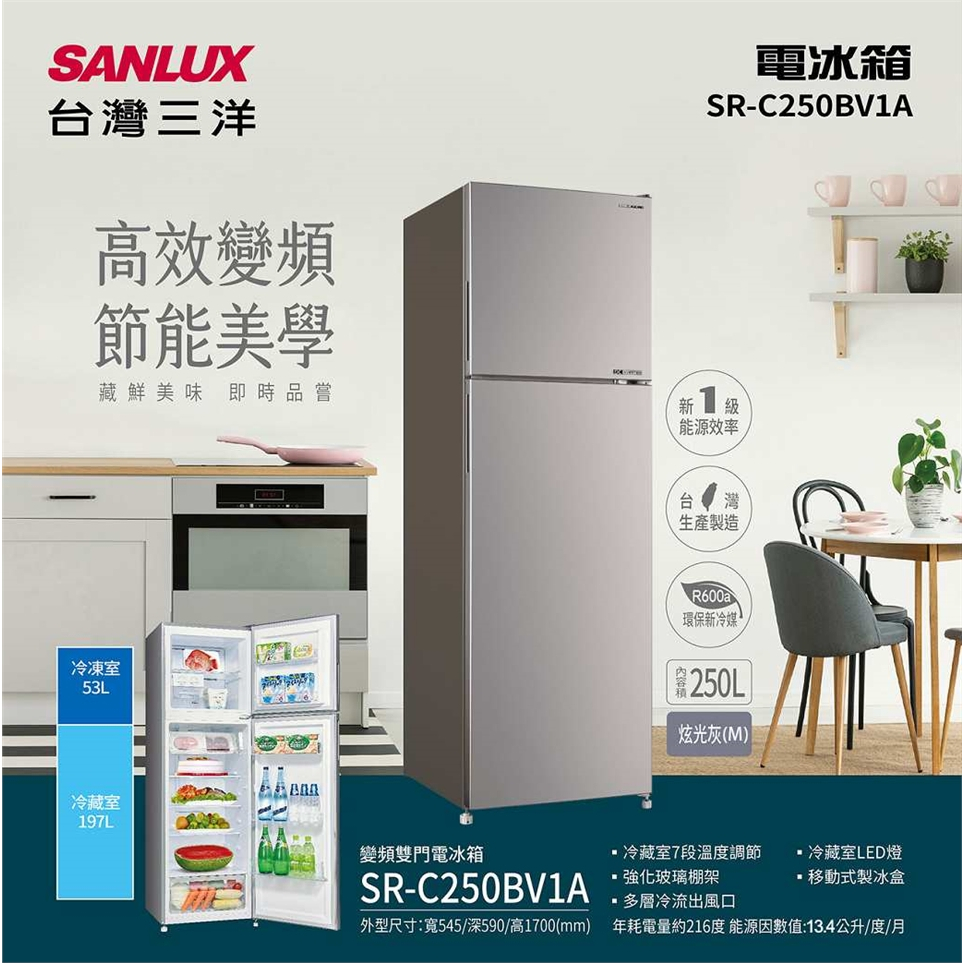 實體店面 三洋SANLUX【SR-C250BV1A】250L 變頻雙門電冰箱 一級能效 台灣製