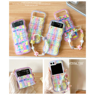 多彩格子編制殼Samsung Galaxy Z Flip5手機套 Zflip4手機殼 三星z flip6 3防摔殼 手繩