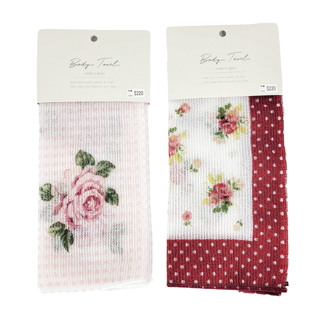 Vintage+。復古家。日本製 擦澡巾 。玫瑰 紅點 直紋 搓澡 Body Towel (25*100cm)(特價)