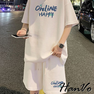 【HanVo】男款ONLINE HAPPY華夫格套裝 舒適親膚透氣 街頭風套裝 日常百搭韓系男裝 男生衣著 B6004