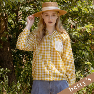 betty’s貝蒂思(25)立領格子條紋拼接長袖上衣(淺黃色)