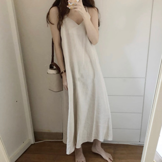 韓國米色裸杏色V領細肩帶棉麻長洋裝打底裙