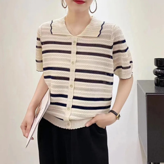 雅麗安娜 短袖針織衫 中大尺碼上衣 條紋上衣 M-3XL新款時尚氣質高檔鏤空條紋Polo領針織衫非A009-9556.
