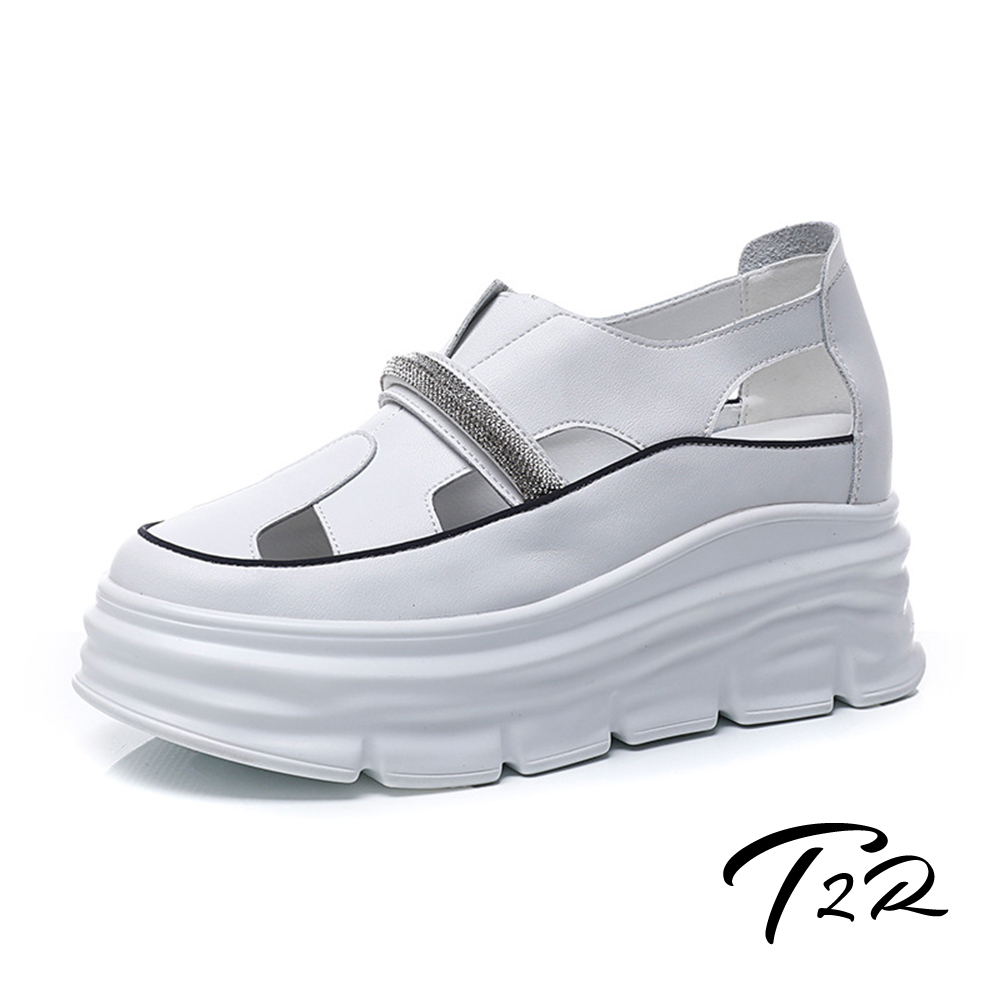 【T2R】正韓空運-真皮素面拼接水鑽裝飾套腳厚底涼鞋-增高約7公分-白