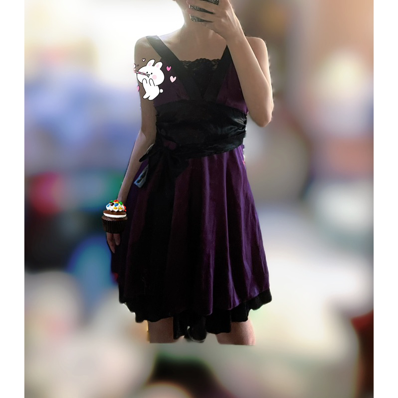 請勿直接下單：神秘暗紫緞面材質手感+黑色蕾絲  連身裙，洋裝