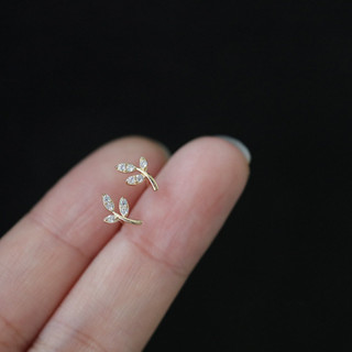 Sweet Air Y0423 水鑽嫩芽純銀耳針 通體純銀 S925純銀 鍍14K金 養耳洞純銀葉子造型耳環 純銀耳釘