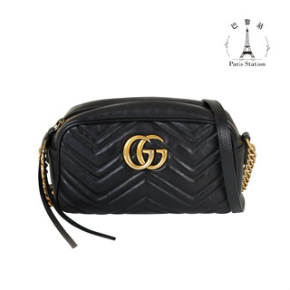 【巴黎站二手名牌專賣店】＊現貨＊GUCCI 真品＊447632黑色牛皮金雙G MARMONT金鍊相機斜揹包