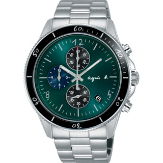 agnes b. 巴黎限定計時手錶-綠x銀/43mm VK67-KXB0G(B7A005X1)