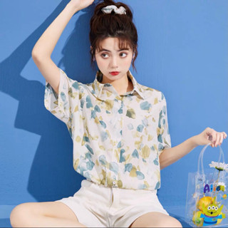 預購*日系春夏文藝碎花水果印花雪紡時尚復古短袖polo領襯衫 夏季 學院風 設計感 度假風 少女 上衣