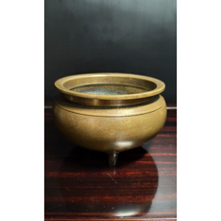 早期銅爐老件-三腳圓爐#21（古董/銅雕/收藏/銅爐/香爐/銅器/天狗/明朝/清朝/藝品/神像/正德/乾隆/宣德)