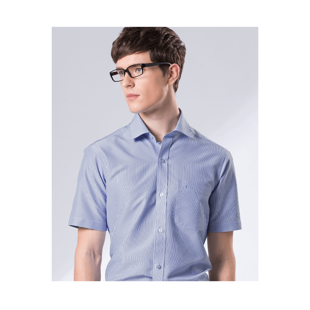 【羅德貝爾】藍白灰條紋短袖修身襯衫 / 抗皺 吸濕排汗