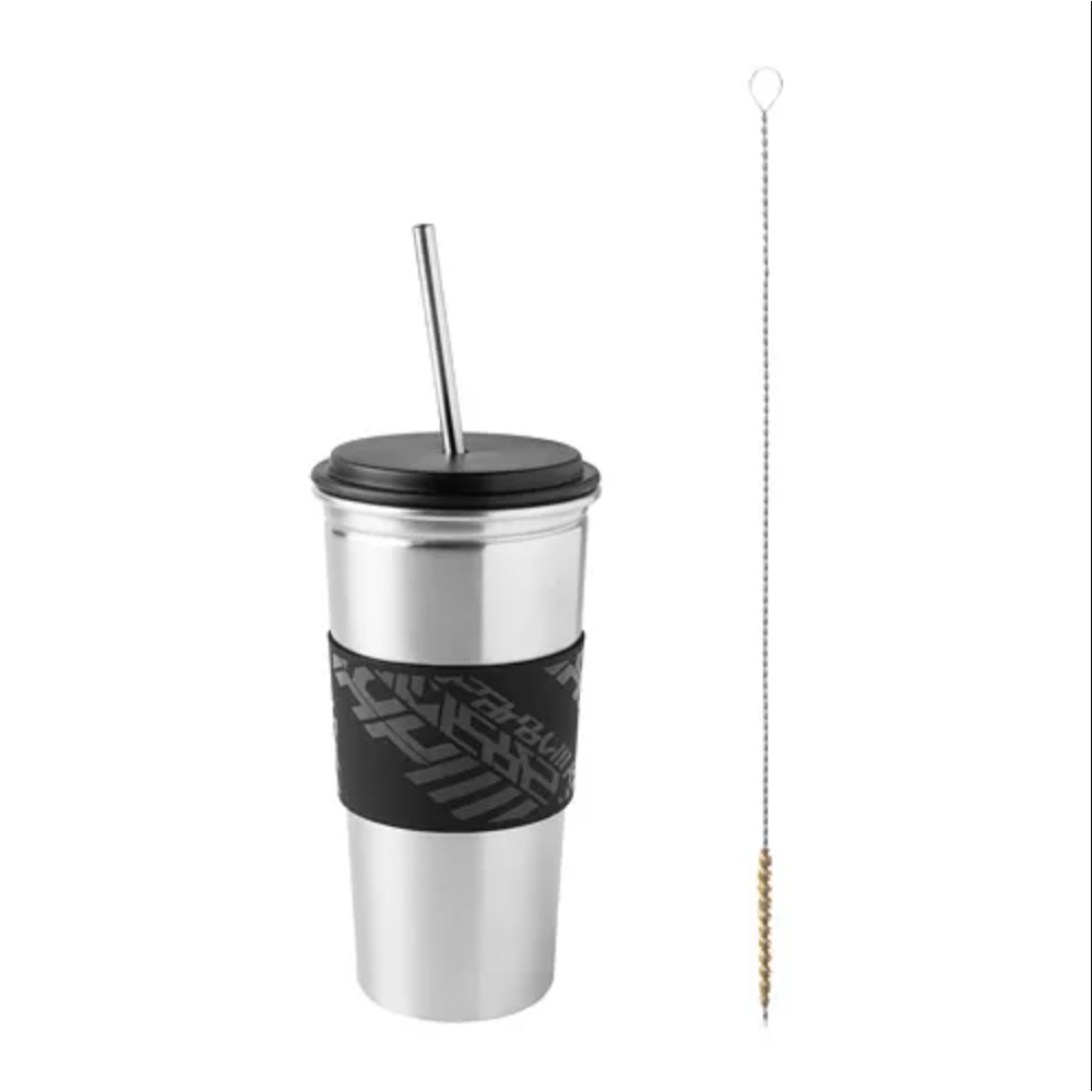 IKEA LÅNESPELARE 附吸管連蓋杯 黑色 不鏽鋼咖啡杯 不鏽鋼保溫杯 500ml 附吸管清潔刷